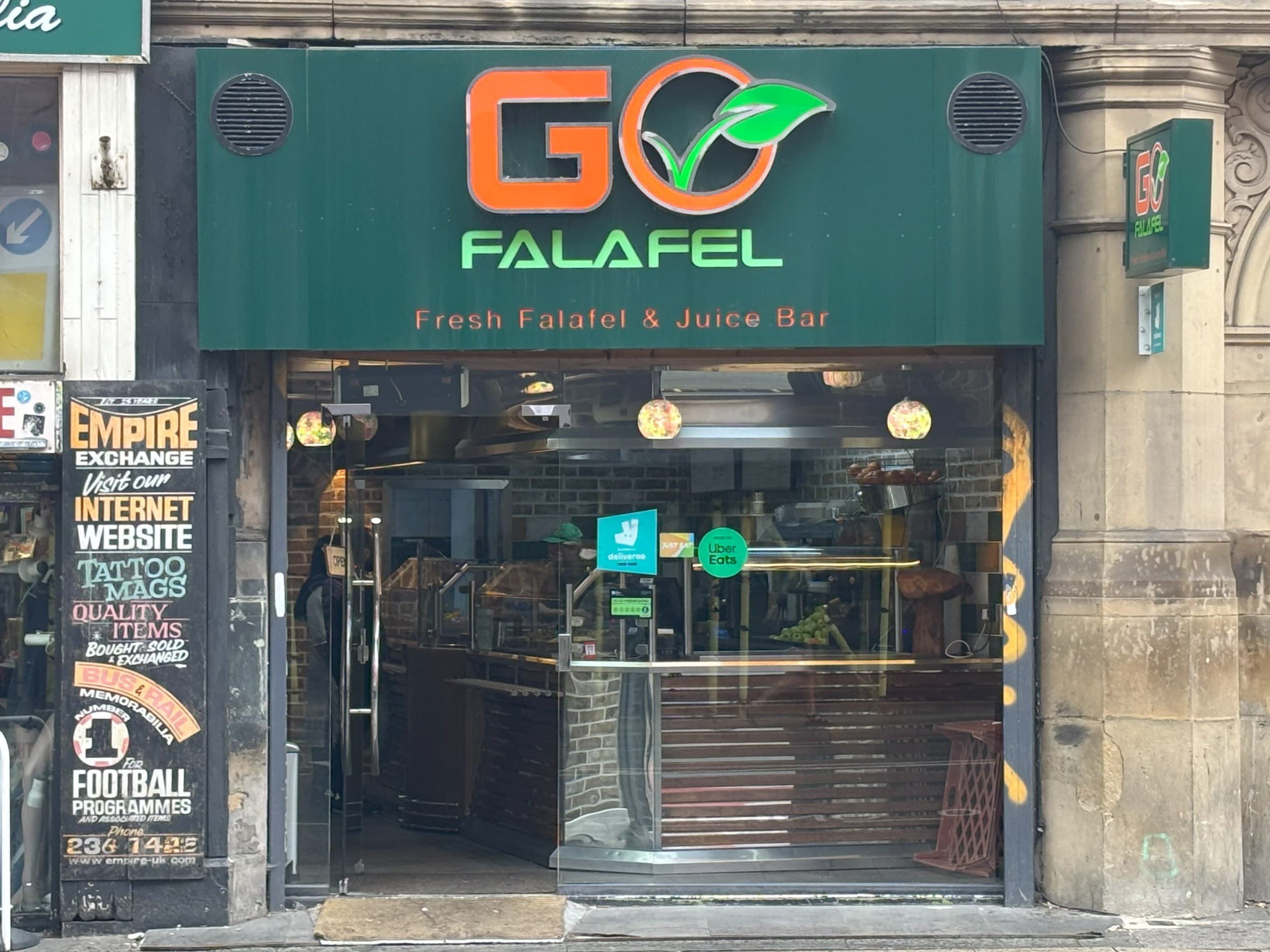 Two restaurant front of Go Felafel vegan restaurant in Picadilly in Manchester.